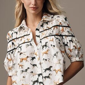 MAEVE Anthropologie Cropped Dog Print Button-Front Shirt Blouse in White Sz S